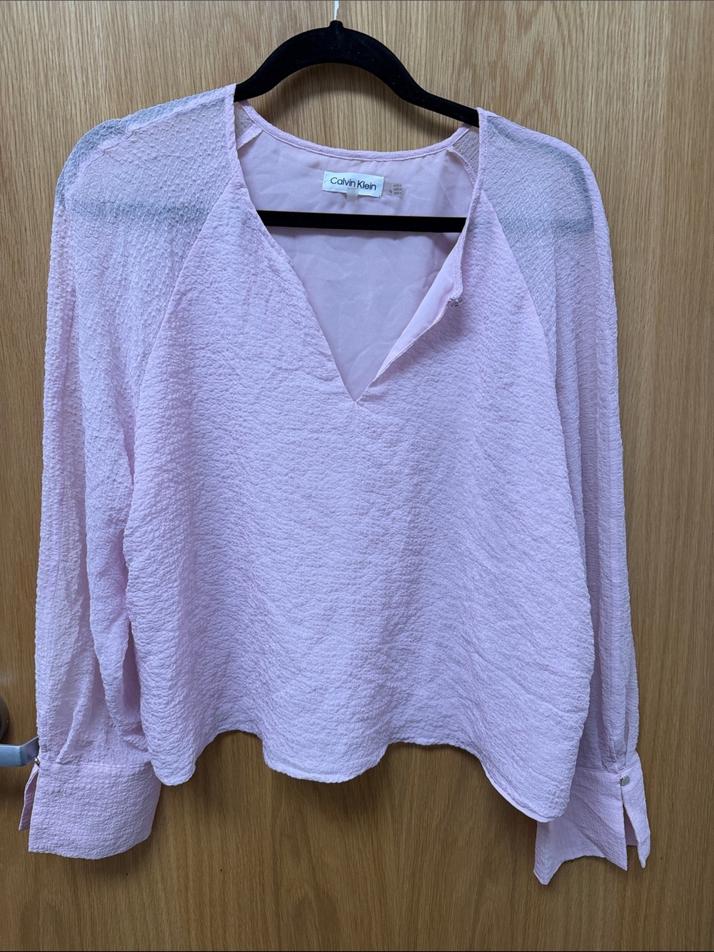 Calvin Klein Soft Barbie Pink V-Neck Textured Long-Sleeve Business Casual Blouse - Picture 1 of 10